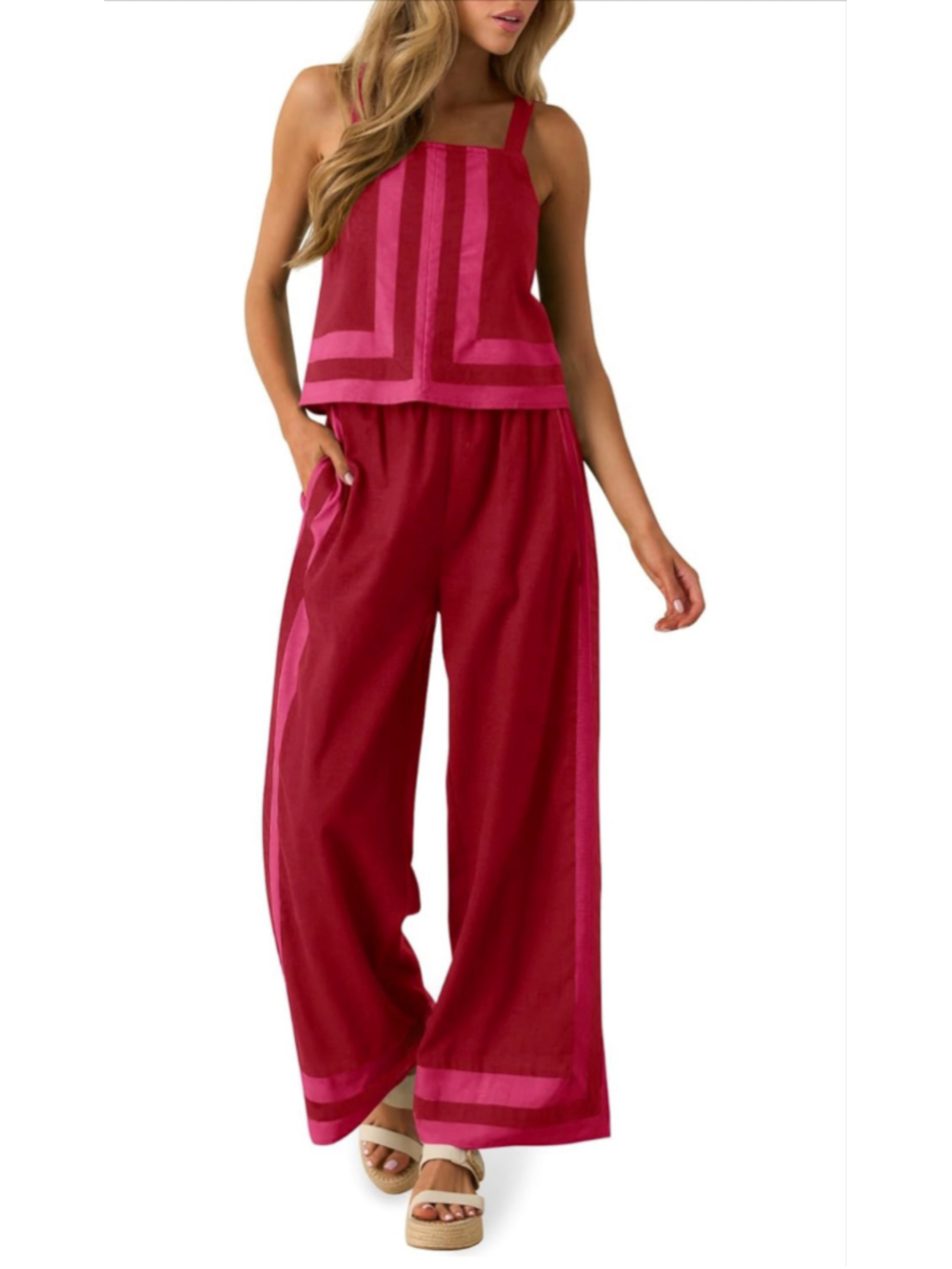 NEW 2 Piece Lounge Set Color Block Cami Top Wide Leg Pants Set S